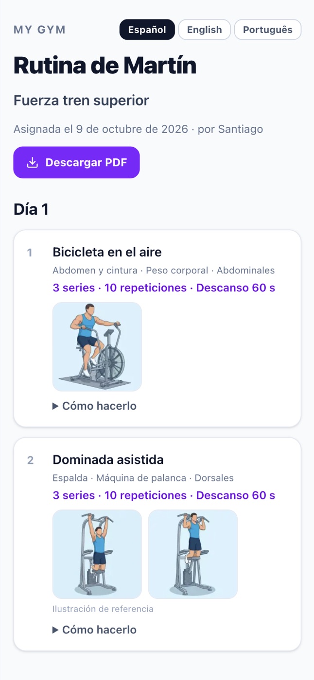 La rutina vista desde el celular del alumno, con ilustraciones de cada ejercicio